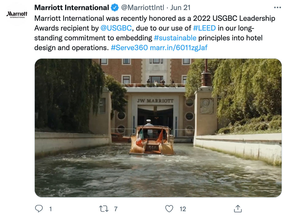 twitter example of Marriott practicing sustainable hotel principles