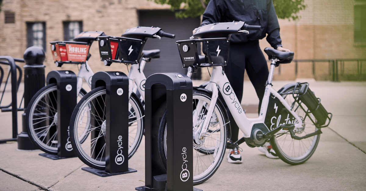 B-cycle bike sharing bicycles at a bike rack