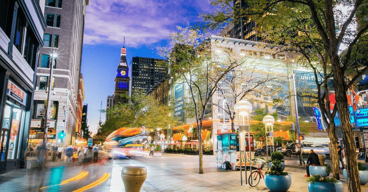 Busy shopping district at night