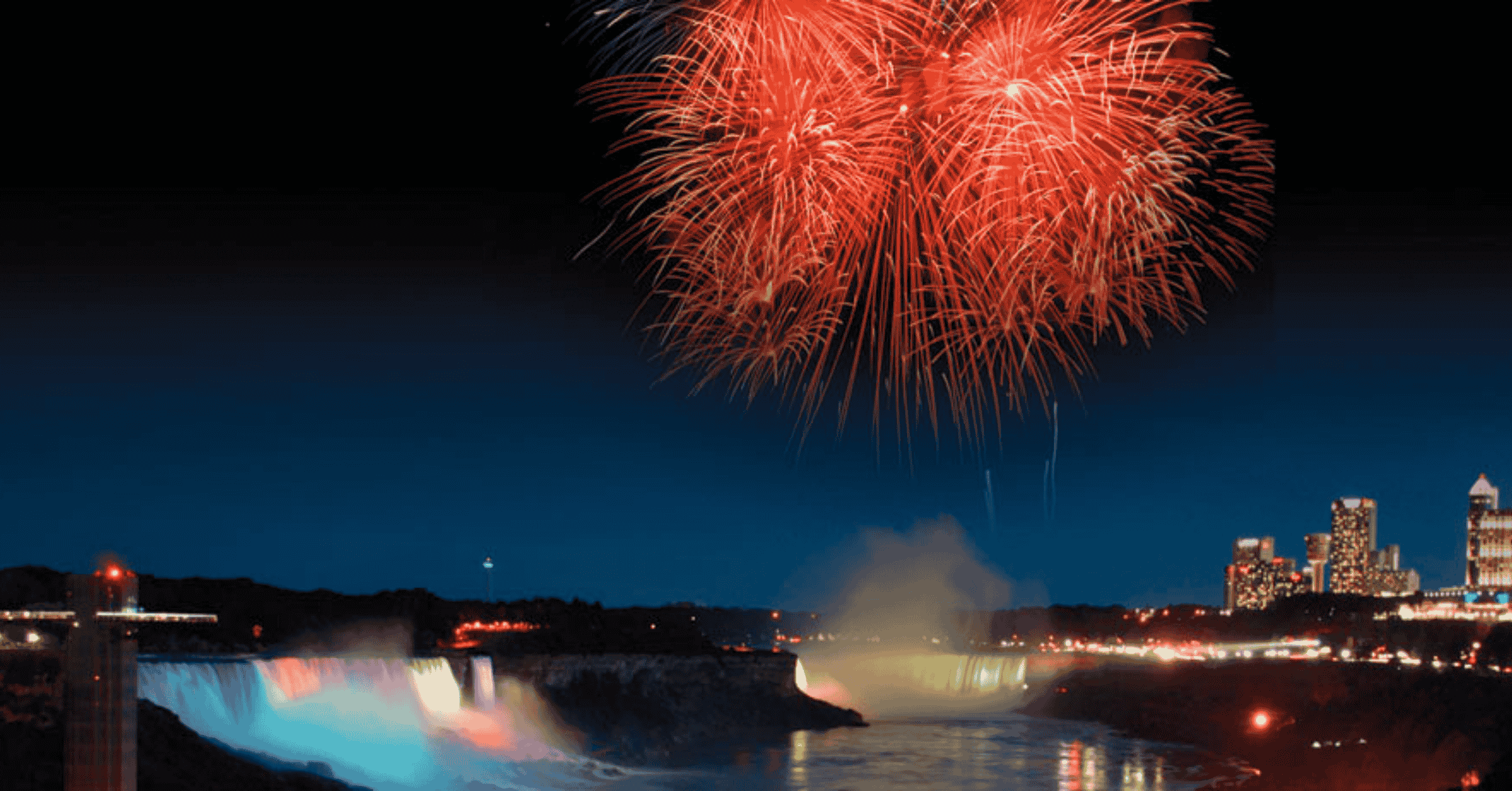 Fireworks in the night sky from Embassy Suites Niagara Falls 