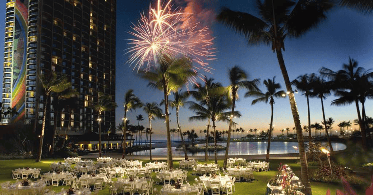 View of fireworks at an outdoor event at Hilton Hawaiian Village Waikiki Beach Resort