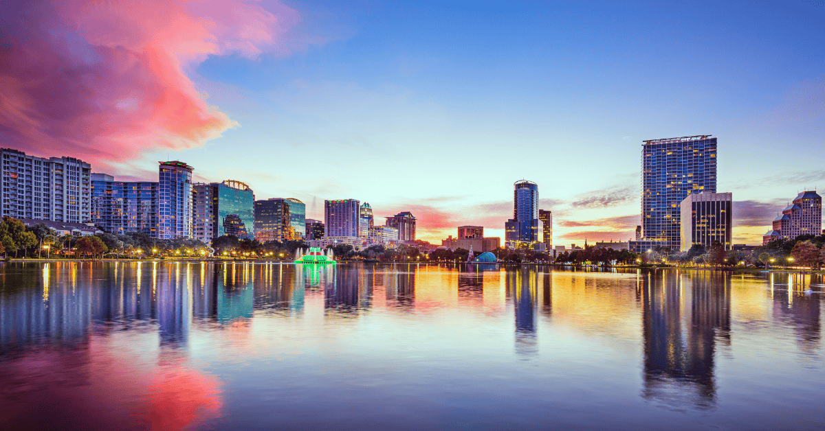 Orlando, FL skyline at sunset