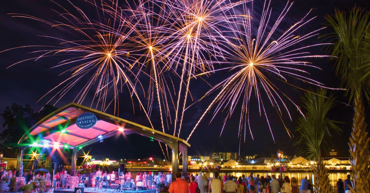 Fireworks in the night sky over Barefoot Landing in Myrtle Beach, SC