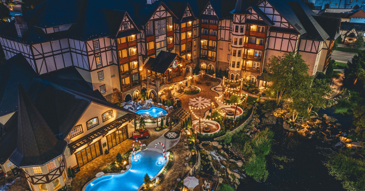 The Inn at Christmas Place Overhead view of Christmas lights around the pool at The Inn at Christmas Place with