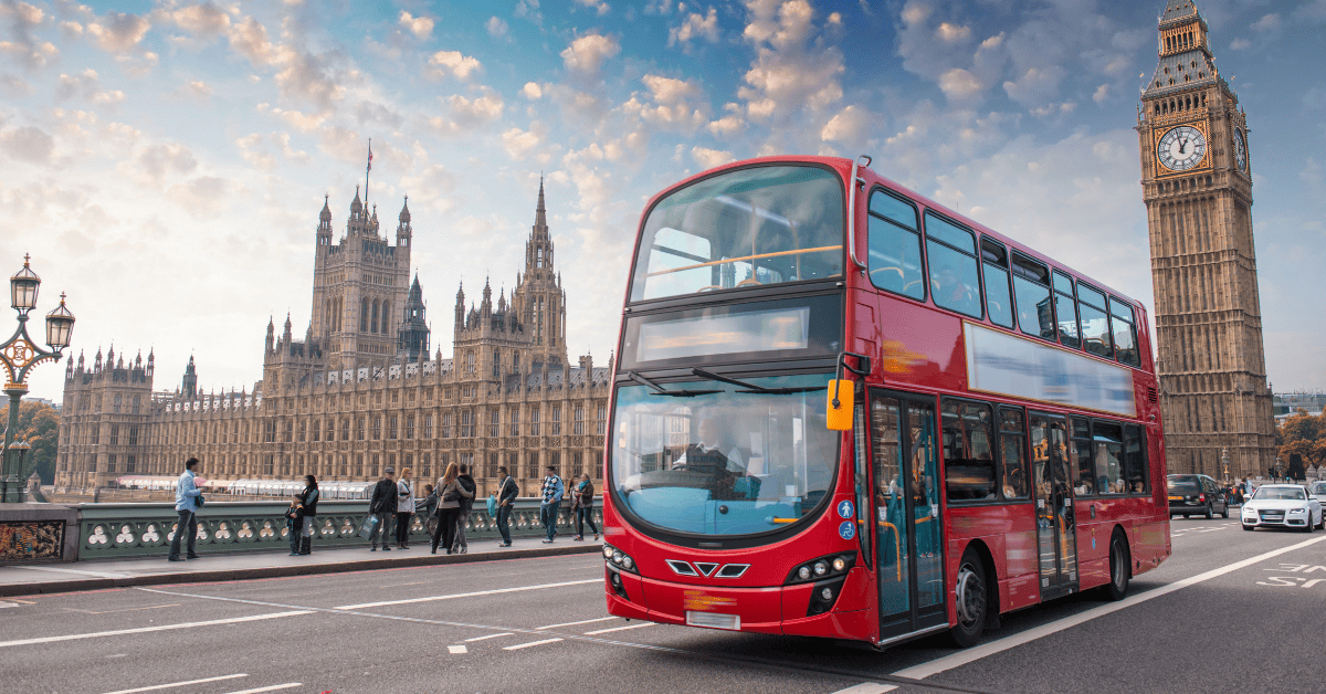 Red double decker bus on the streets of London