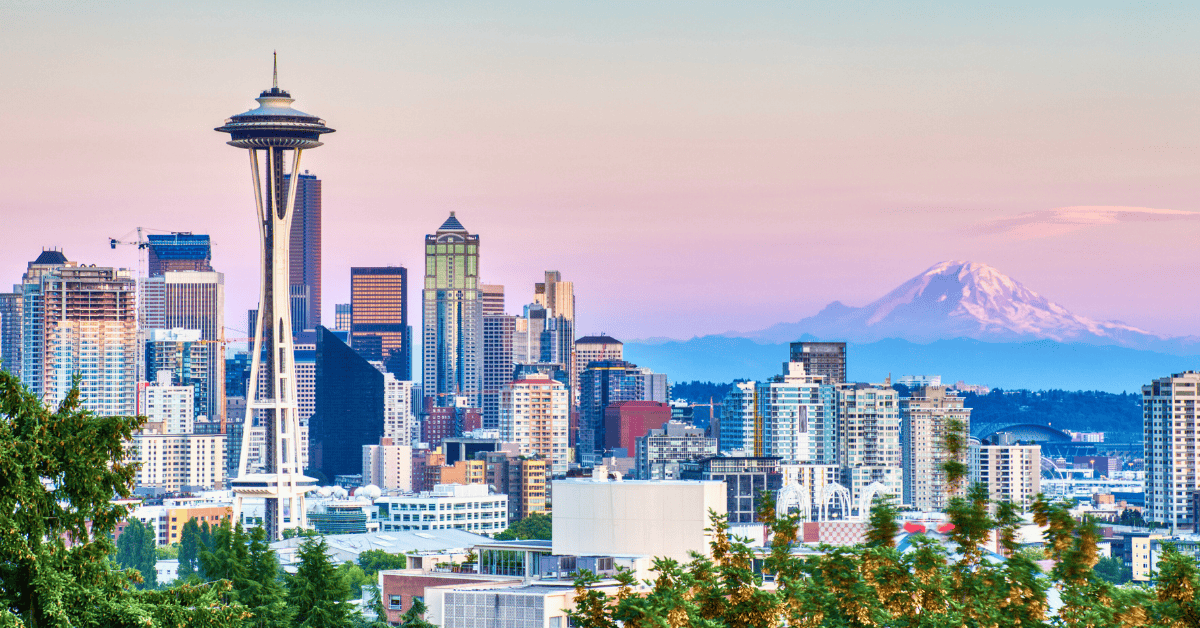 Seattle, WA skyline at sunrise including the Space Needle