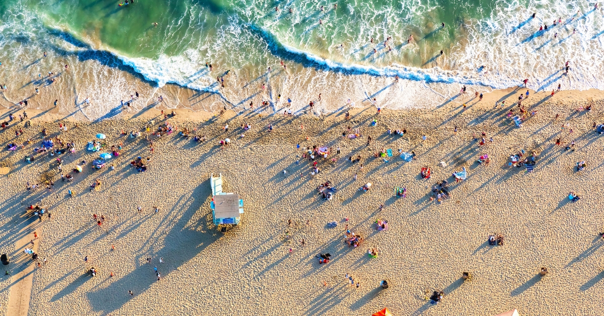 Santa Monica beach in Los Angeles County top down view