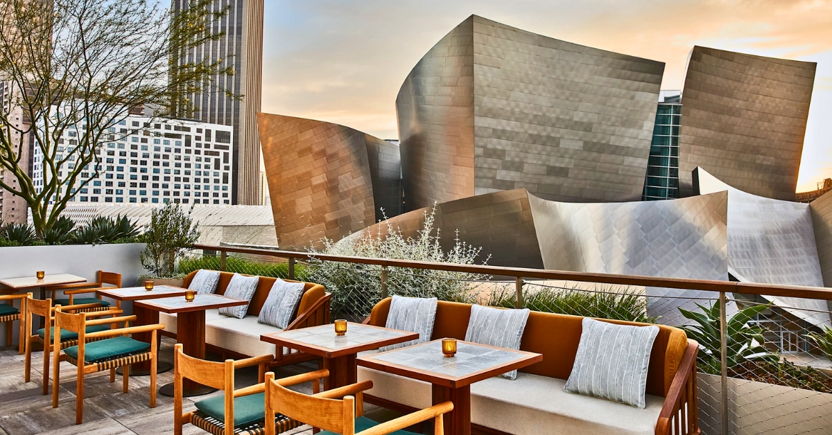 Conrad Los Angeles Downtown rooftop space at sunset