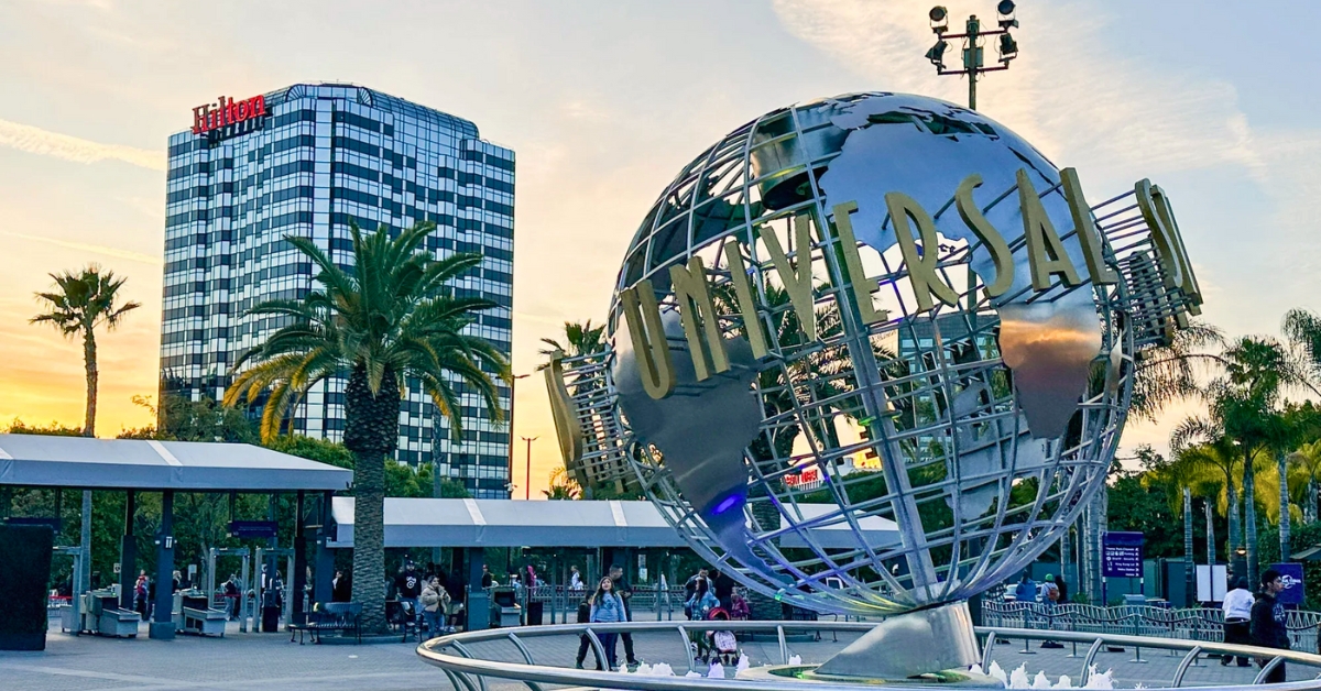 Hilton Los Angeles Universal City in the background of Universal globe statue