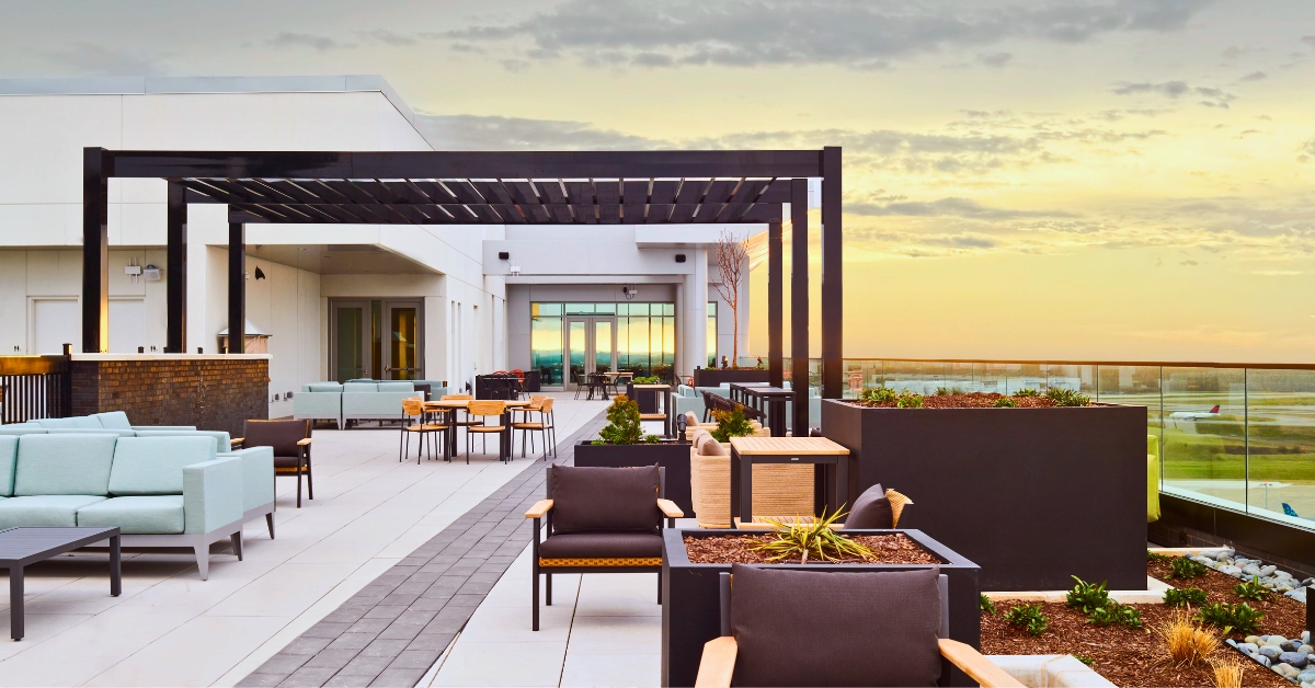 Hilton BNA Nashville Airport Terminal rooftop at sunset