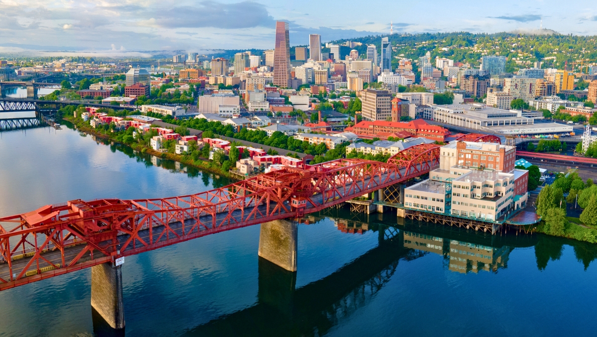 Portland Oregon city skyline over bridge