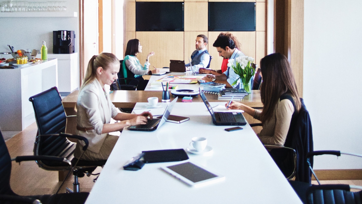 group of business professionals in board room at table